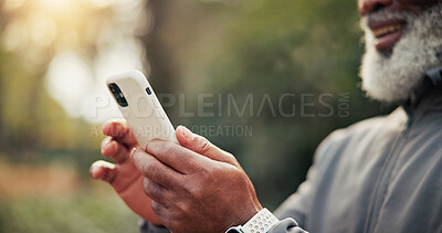 Buy stock photo Exercise, hands and phone with person outdoor for cardio training, sports tracking or workout. App, fitness and health activity with runner in nature for development, progress or wellness report