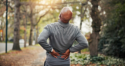 Buy stock photo Fitness, sore or old man in park with back pain, hurt spine or joint health in retirement wellness. Arthritis, risk or senior person with issue, muscle strain or injury prevention in outdoor activity