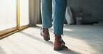 Person, legs and inspection for construction site, contractor compliance or progress with walk. Safety manager, maintenance or quality assurance for renovation, engineering or project management