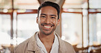 Happy, businessman and owner portrait in cafe for operations pride, startup growth or about us. Hospitality industry, franchise manager or smile in restaurant for small business, management or career