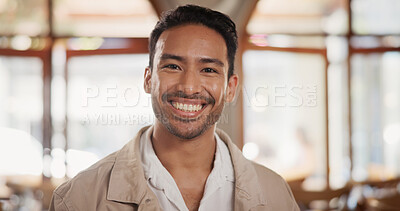 Buy stock photo Happy, businessman and owner portrait in cafe for operations pride, startup growth or about us. Hospitality industry, franchise manager or smile in restaurant for small business, management or career