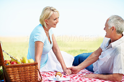 Buy stock photo A happy mature couple holding hands while enjoying a picnic in summer
