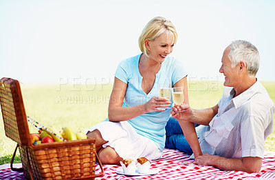 Buy stock photo Shot of a happy mature couple toasting each other while enjoying a picnic
