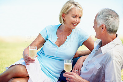 Buy stock photo A happy mature couple toasting each other while sitting outdoors