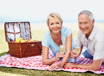 Buy stock photo A portrait of a happy mature couple enjoying a picnic on a sunny day