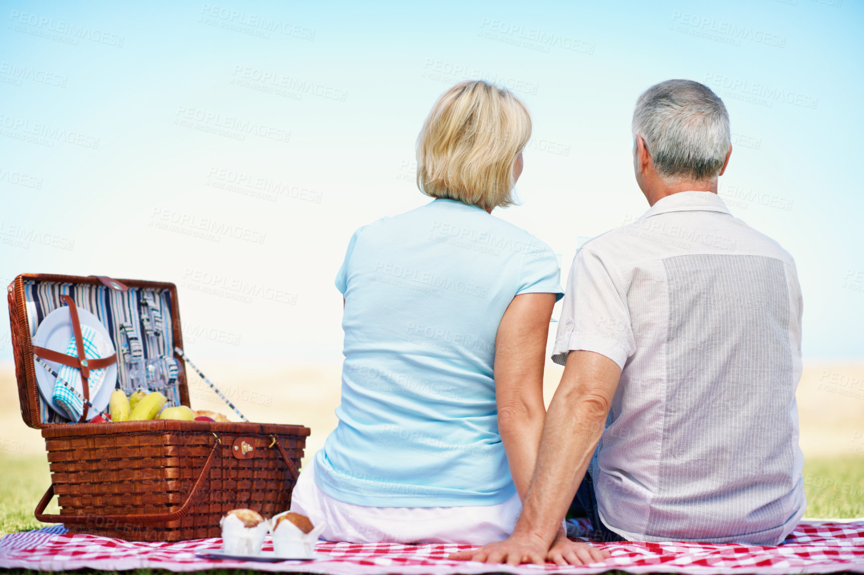 Buy stock photo Love, back and picnic with old couple in nature for bonding, connection and retirement date. Anniversary celebration, support and summer vacation with senior man and woman outdoor for peace and care