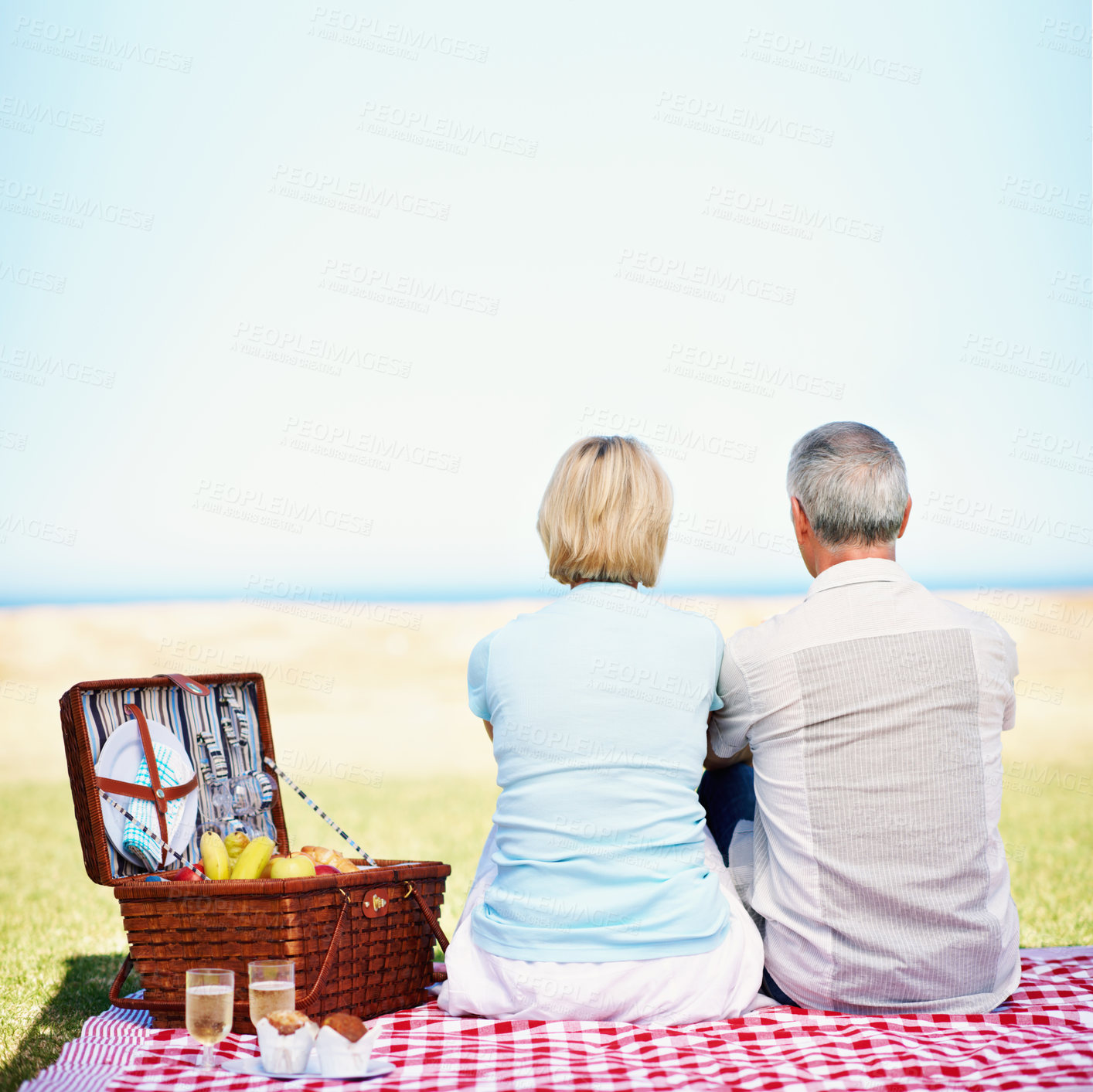 Buy stock photo Relax, back and picnic with old couple in nature for bonding, connection and retirement date. Anniversary celebration, support and summer vacation with senior man and woman outdoor for space and view