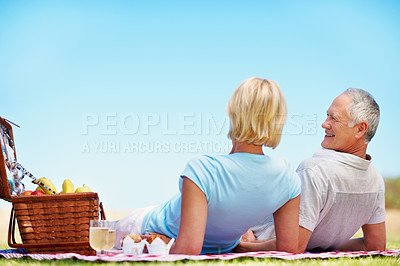 Buy stock photo A happy mature couple enjoying a picnic on a beautiful day