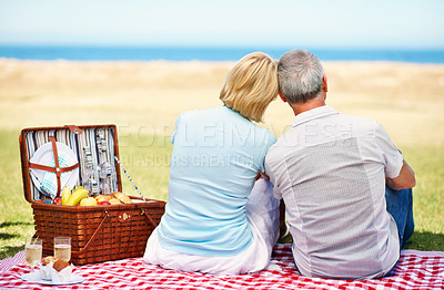Buy stock photo A rear view shot of an affectionate mature couple having a picnic at the coast