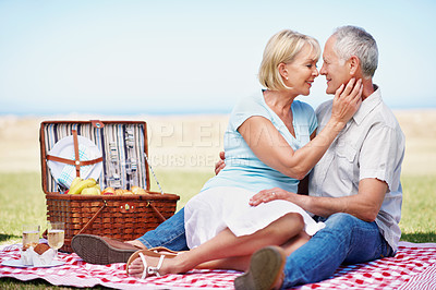 Buy stock photo An affectionate mature couple having a romantic picnic on a sunny day