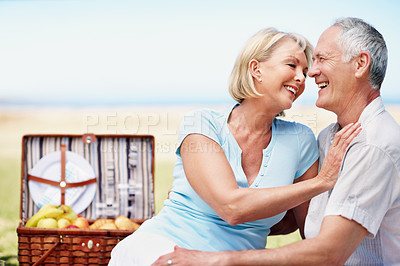 Buy stock photo A cropped shot of a loving mature couple enjoying a picnic at the coast on a sunny day