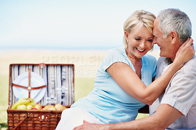 Buy stock photo A cropped shot of an affectionate mature couple enjoying some quality time on a picnic