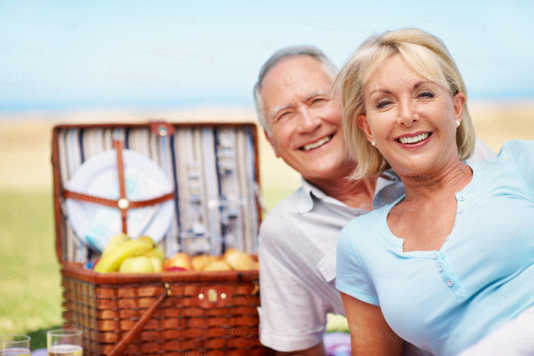 Buy stock photo Portrait, happy and relax with old couple at picnic for connection, bonding and anniversary date. Retirement, love and romantic lunch with senior man and woman in nature for support and vacation