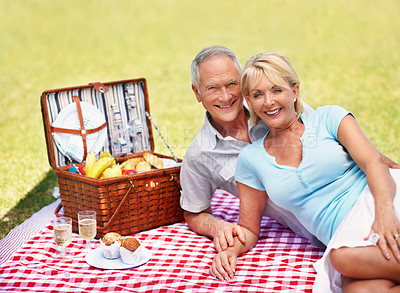 Buy stock photo A cropped portrait of an affectionate couple enjoying a picnic on a sunny summer day