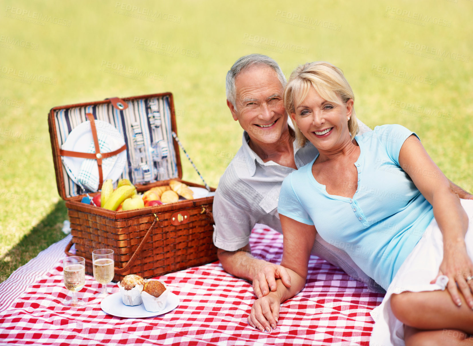 Buy stock photo Love, smile and portrait of old couple at picnic for bonding, connection and lunch date. Anniversary, retirement and summer vacation with senior man and woman in nature for relax and marriage 