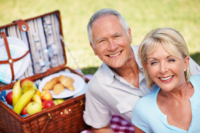 Buy stock photo A cropped portrait of a happy mature couple having a romantic picnic on a summer day