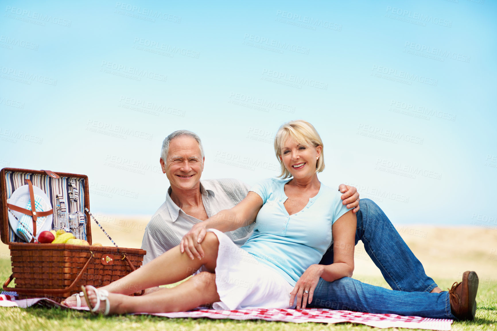 Buy stock photo Senior, couple and picnic portrait in nature for anniversary, day trip and bonding together. Space, happy people and relax on blanket outdoor for romantic date, weekend outing and retirement support