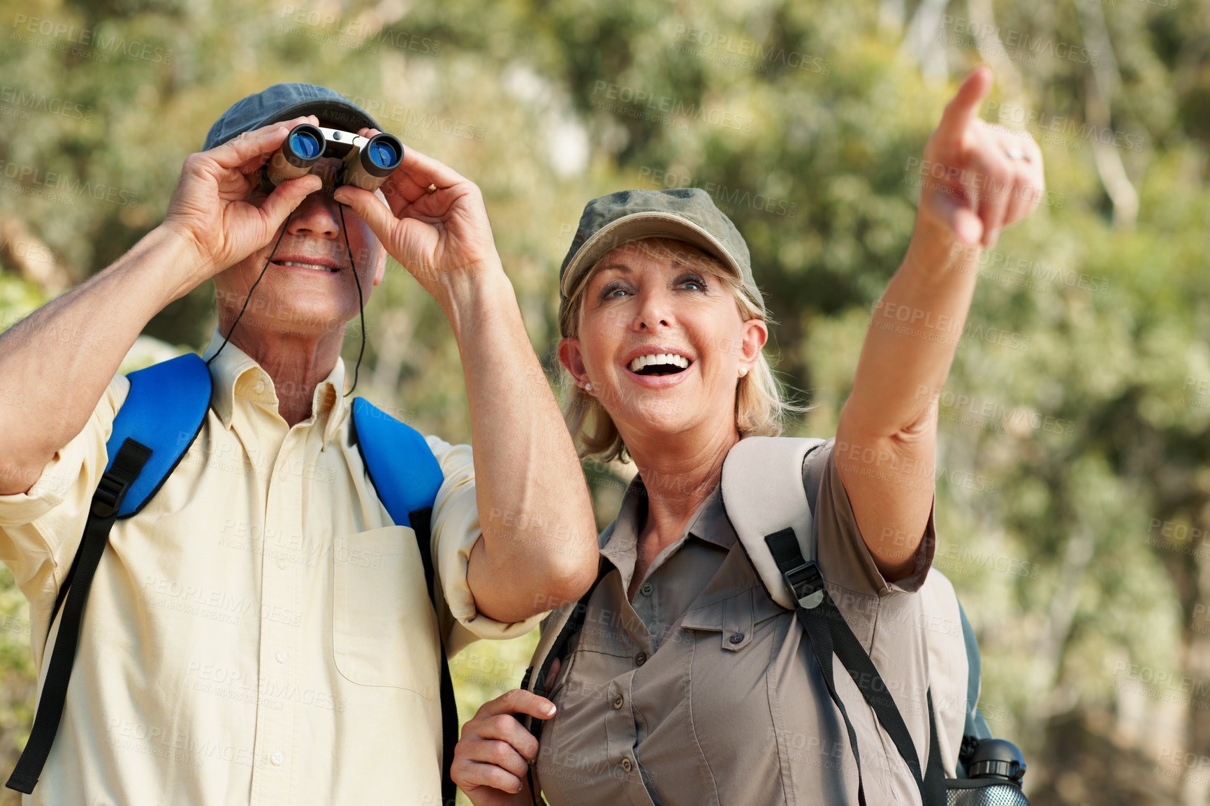 Buy stock photo Binoculars, hiking and travel with old couple in nature for view, adventure and pointing. Birdwatching location, explore and trekking guide with senior man and woman outdoor for retirement vacation