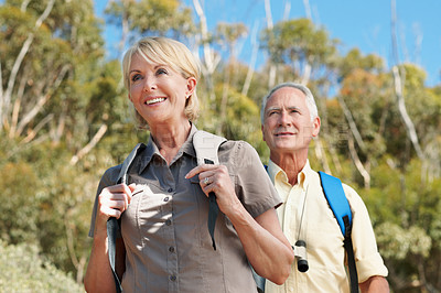 Buy stock photo Shot of an adventurous senior couple walking together in the forest