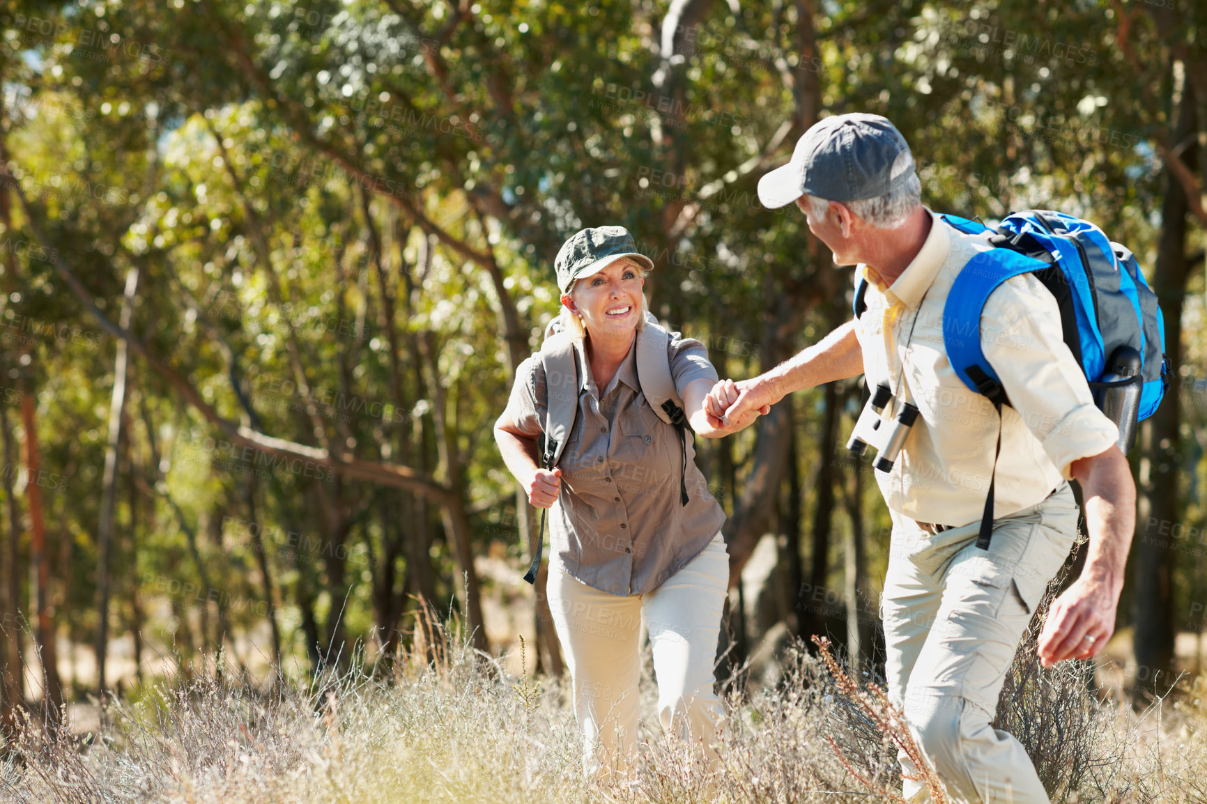 Buy stock photo Holding hands, hiking and senior couple outdoor in forest for adventure, bonding or backpacking. Happy, nature and elderly man with woman for trekking in woods for exploring on holiday together.