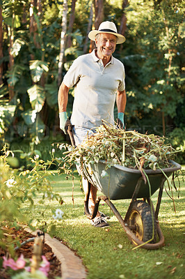 Buy stock photo Full length portrait of a smiling senior man holding a wheelbarrow while working in his yard