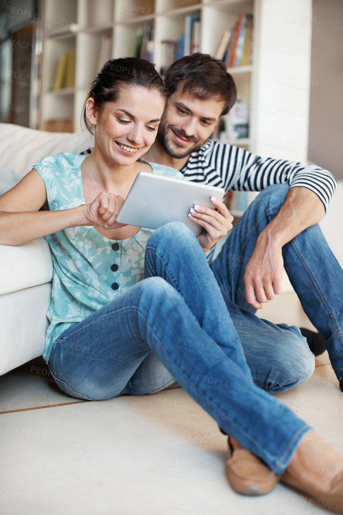 Buy stock photo Relax, home or happy couple with tablet for online streaming, entertainment or connection. Man, woman or scrolling with technology or smile for app subscription, network or internet together in house