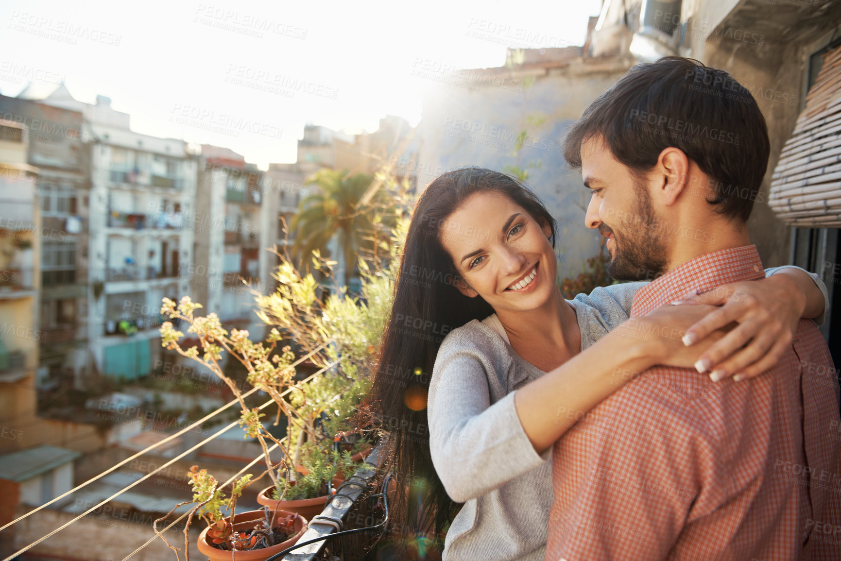 Buy stock photo Happy couple, balcony and hug on vacation for travel, holiday and relationship in hotel. Marriage, portrait and people with bonding, love and weekend with embrace and support for anniversary trip