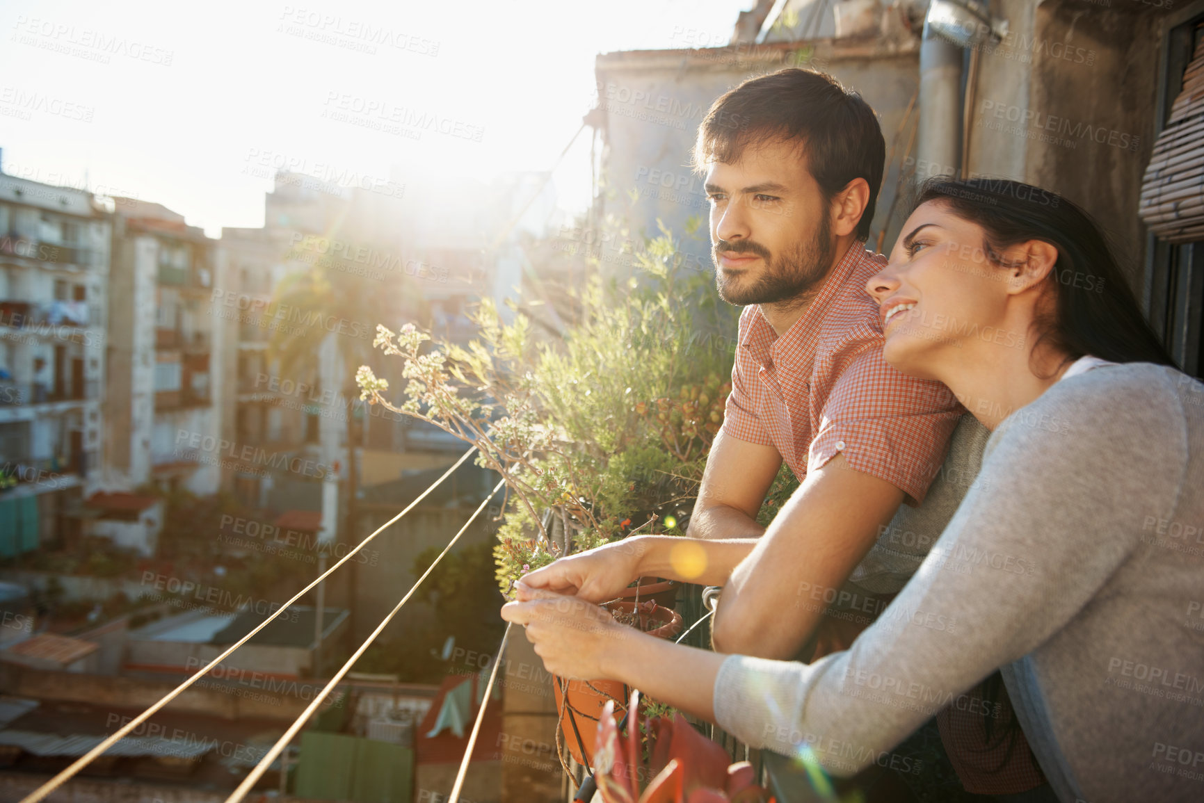 Buy stock photo Thinking, couple and relax at house on balcony, scenery and bonding together on calm morning. Smile, people and daydreaming on terrace for stress relief, sightseeing view and weekend break with love