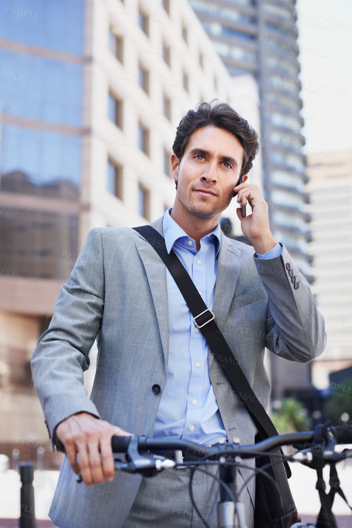 Buy stock photo Phone call, city and business man with bicycle for travel, sustainable transport and talking on commute. Corporate, town and person with cellphone, communication and bike for chat, contact and trip