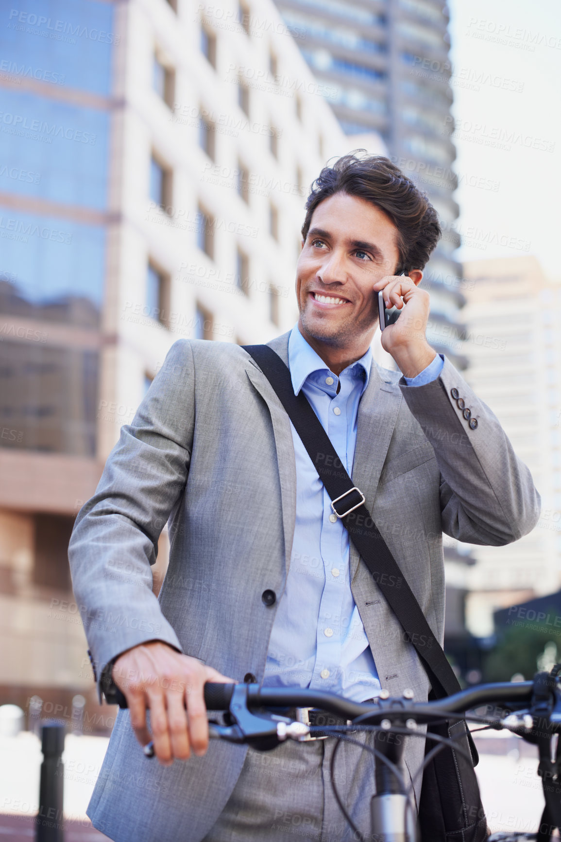 Buy stock photo Phone call, happy and businessman on bicycle in city for travel, sustainable transport and talking. Corporate, town and person with cellphone, communication and bike for chat, contact and commute