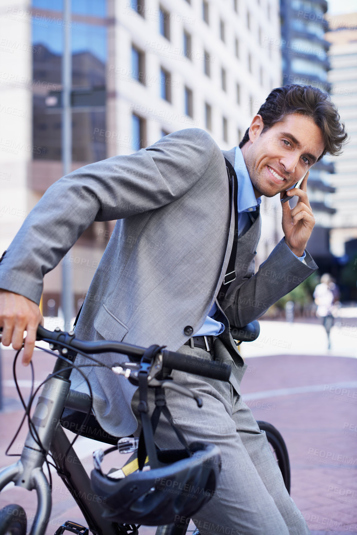 Buy stock photo Phone call, portrait and businessman with bicycle in city for travel, commute and talking for contact. Corporate, happy and person with cellphone, conversation and bike for trip, journey and update
