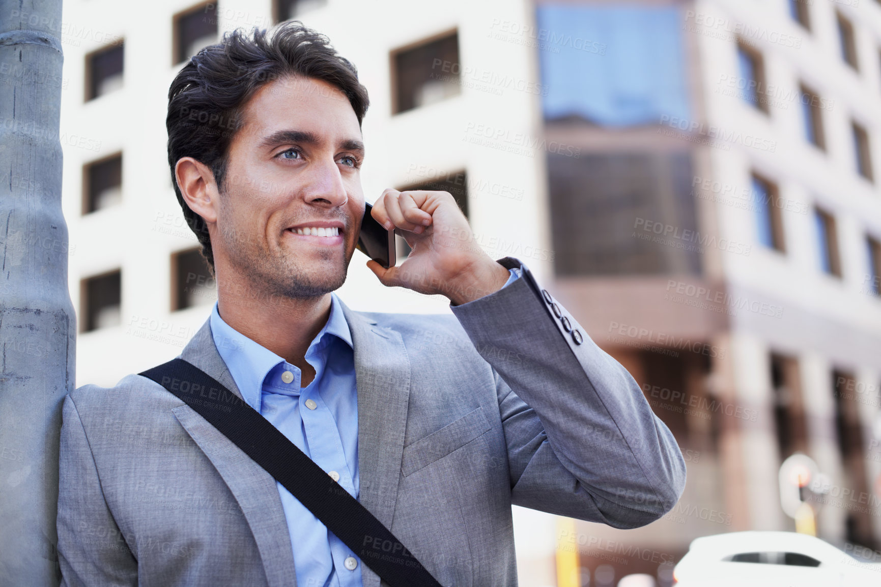 Buy stock photo Happy, businessman and city with phone call for outdoor conversation or communication. Man, employee or travel with smile on smartphone for business discussion, negotiation or chat in an urban town