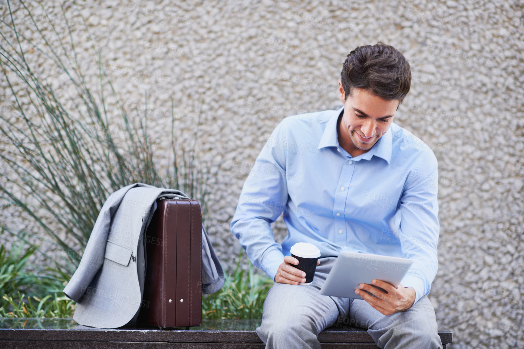 Buy stock photo Business, tablet and man in city with coffee on break for research, property listing and real estate. Corporate, realtor and person on tech for planning, commercial development and investment outdoor