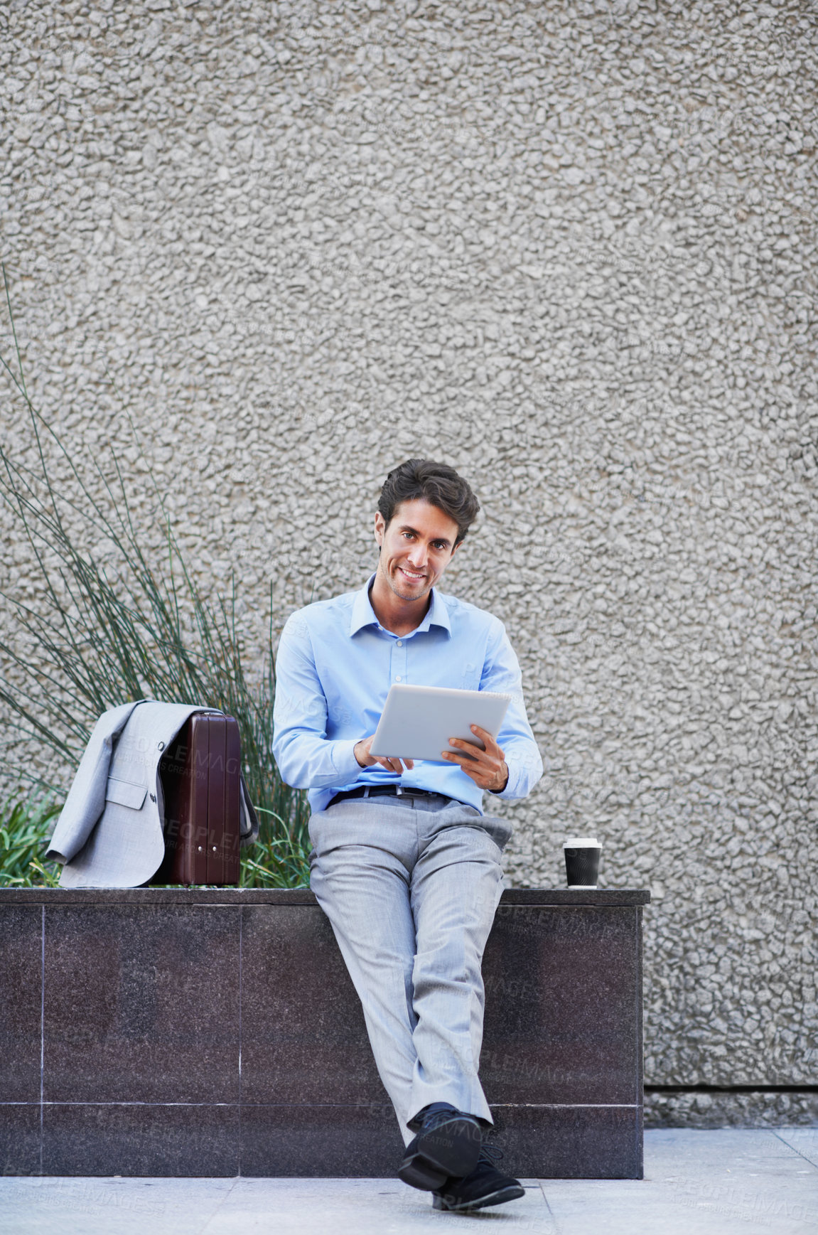 Buy stock photo Portrait, business and man in city on tablet for finance report, investment and stock research. Corporate, happy and person on tech for planning, financial review and trading news on coffee break