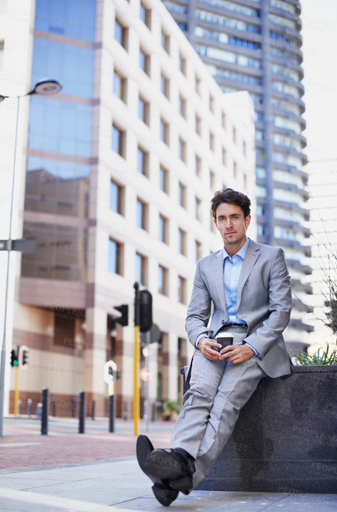 Buy stock photo Coffee, serious and portrait of businessman in city with confidence for career in finance. Warm beverage, job opportunity and financial manager with pride for about us in urban town for break.
