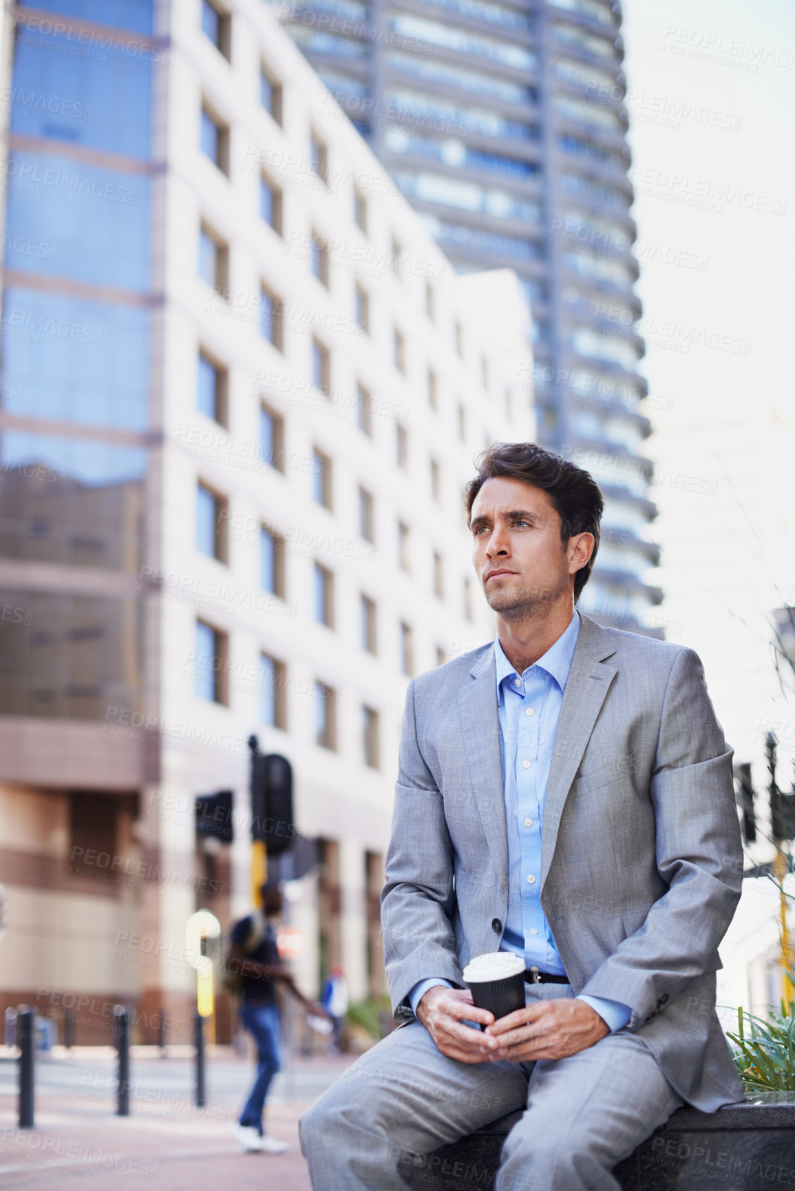 Buy stock photo Thinking, commute and businessman in city with coffee for start of day, reflection and morning routine. Corporate, finance advisor and person in town with drink for financial career, rest and travel