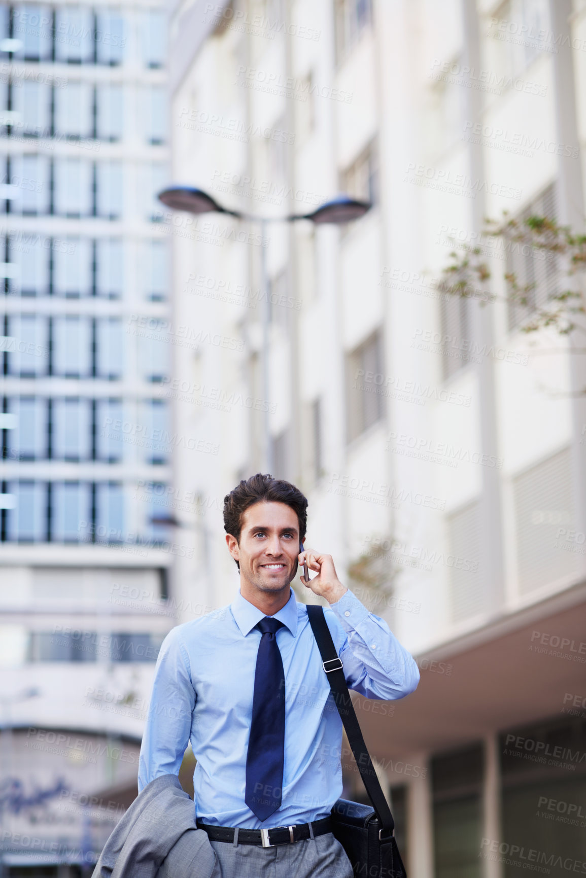Buy stock photo Business, man and walk in city with phone call, contact and legal consultation for court case. Thinking, space and mobile chat in town for lawyer assistance, schedule trial and settlement negotiation