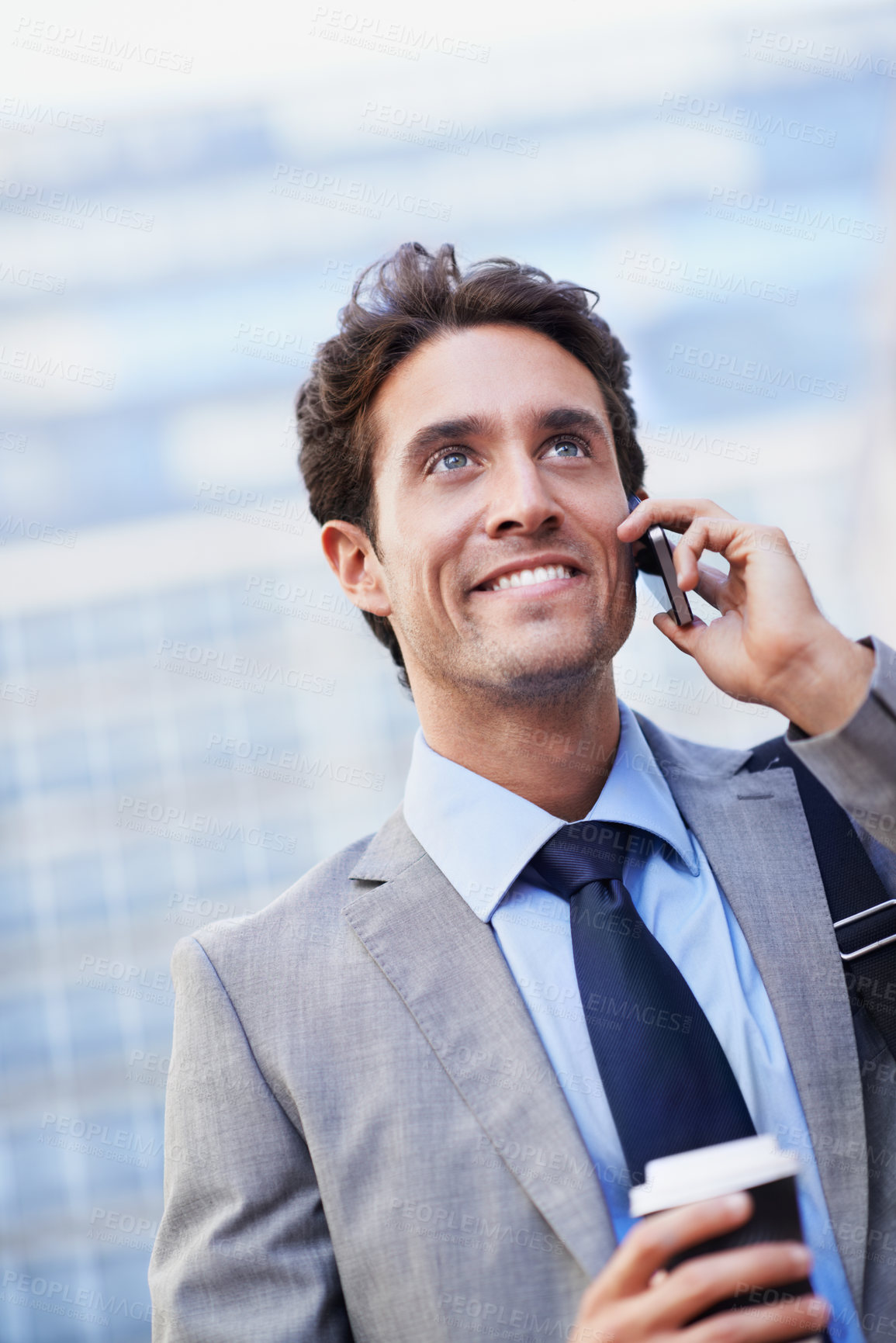 Buy stock photo Smile, corporate and man in city with phone call, contact and consultation for court case. Thinking, lawyer and mobile in town with coffee, legal assistance and perspective for settlement negotiation