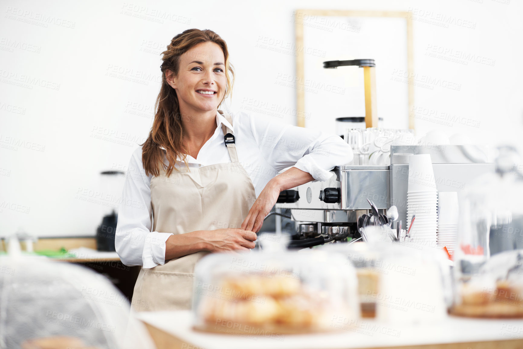 Buy stock photo Smile, woman and business owner with portrait for coffee shop management, orders or customer service. Entrepreneur, person and hospitality with bakery for restaurant, cafe and confidence with pride