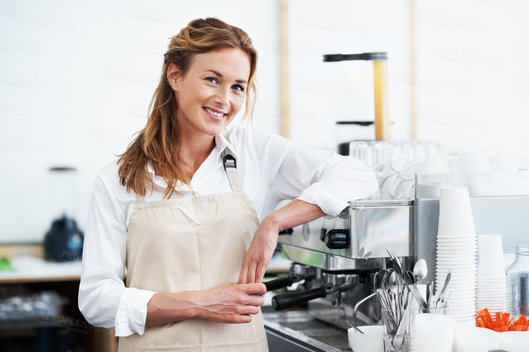 Buy stock photo Smile, woman and business owner with portrait for cafe management, orders or customer service. Entrepreneur, person and hospitality with machine for restaurant, coffee shop and confidence with pride