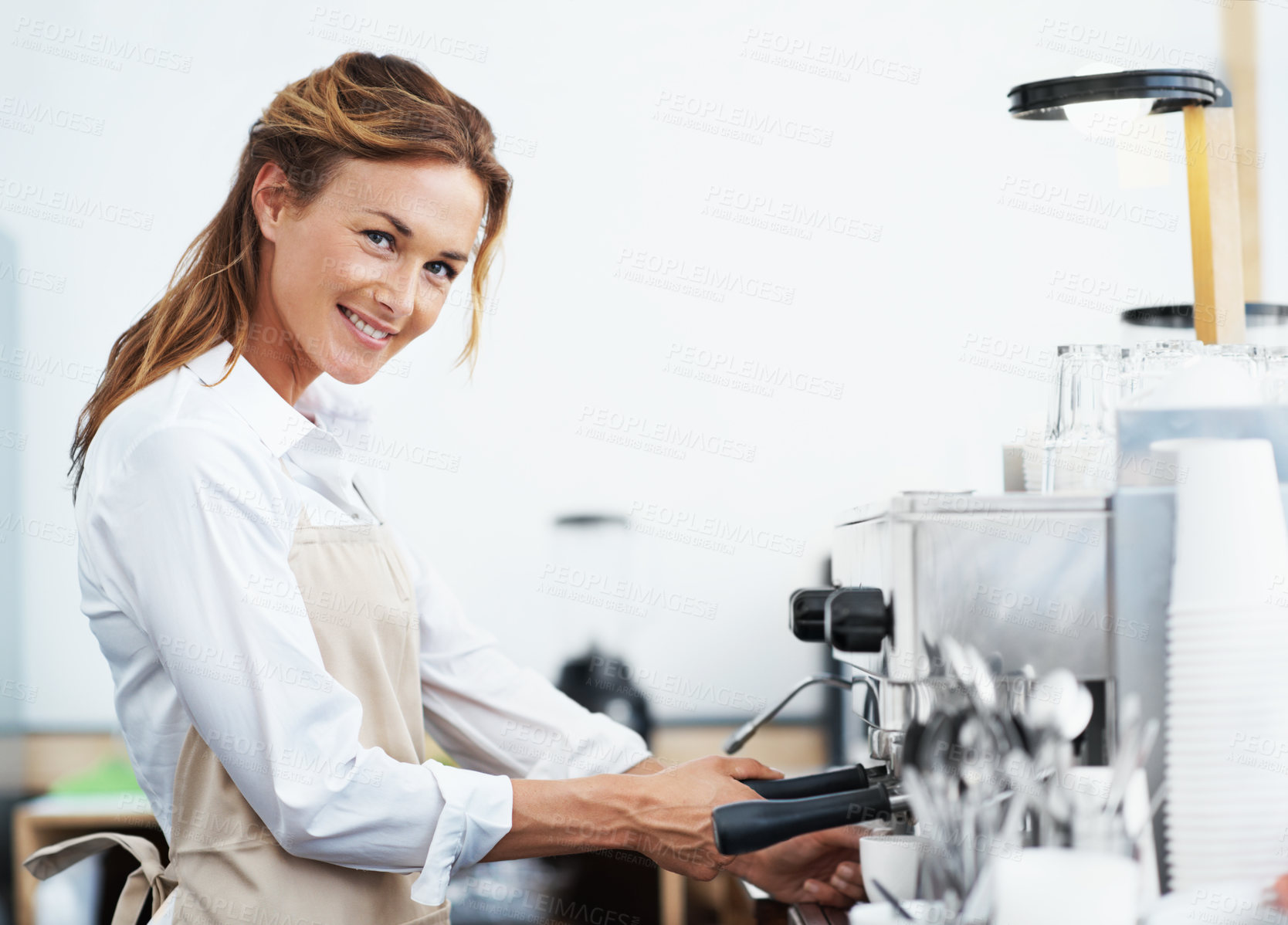 Buy stock photo Portrait, woman and barista at cafe with coffee machine, prepare and brewing process for espresso. Smile, person and server at bistro with grinder, premium drink and hospitality for gourmet caffeine