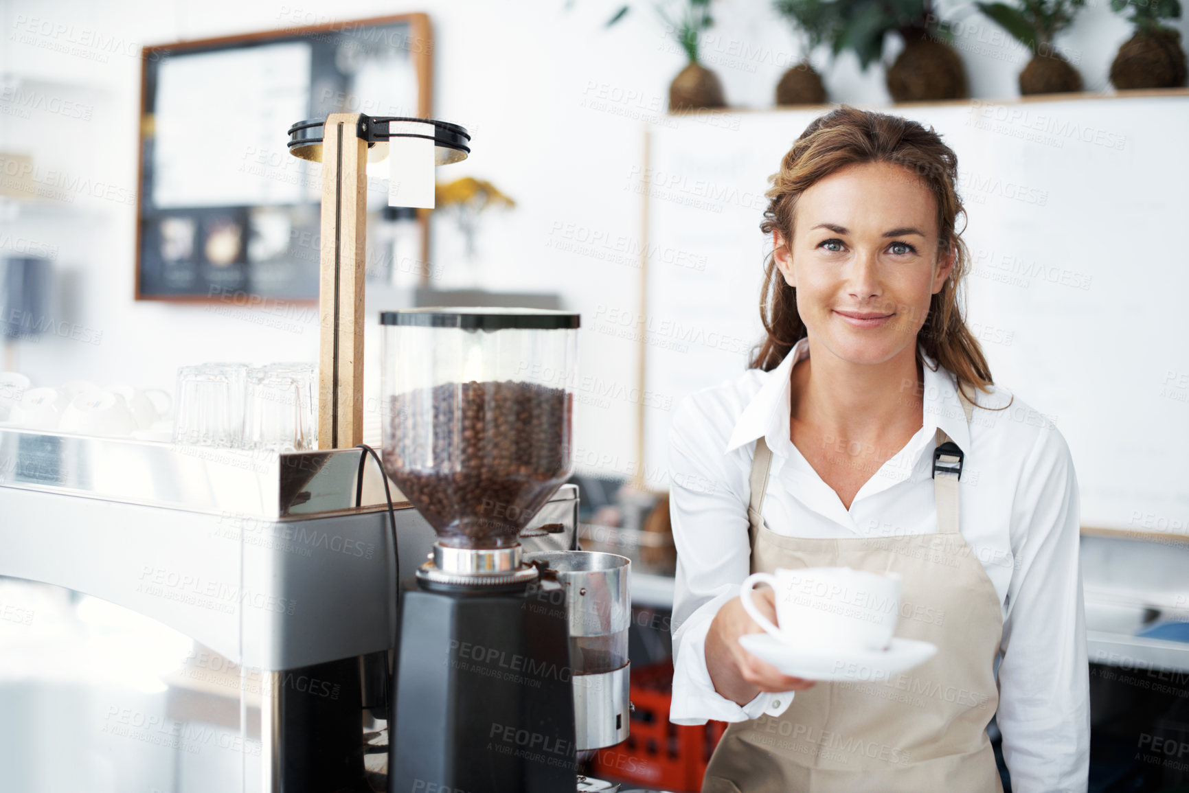 Buy stock photo Barista, woman and order with portrait for coffee shop management, orders or customer service. Small business owner, happy and hospitality with machine for restaurant, cafe and confidence with cup
