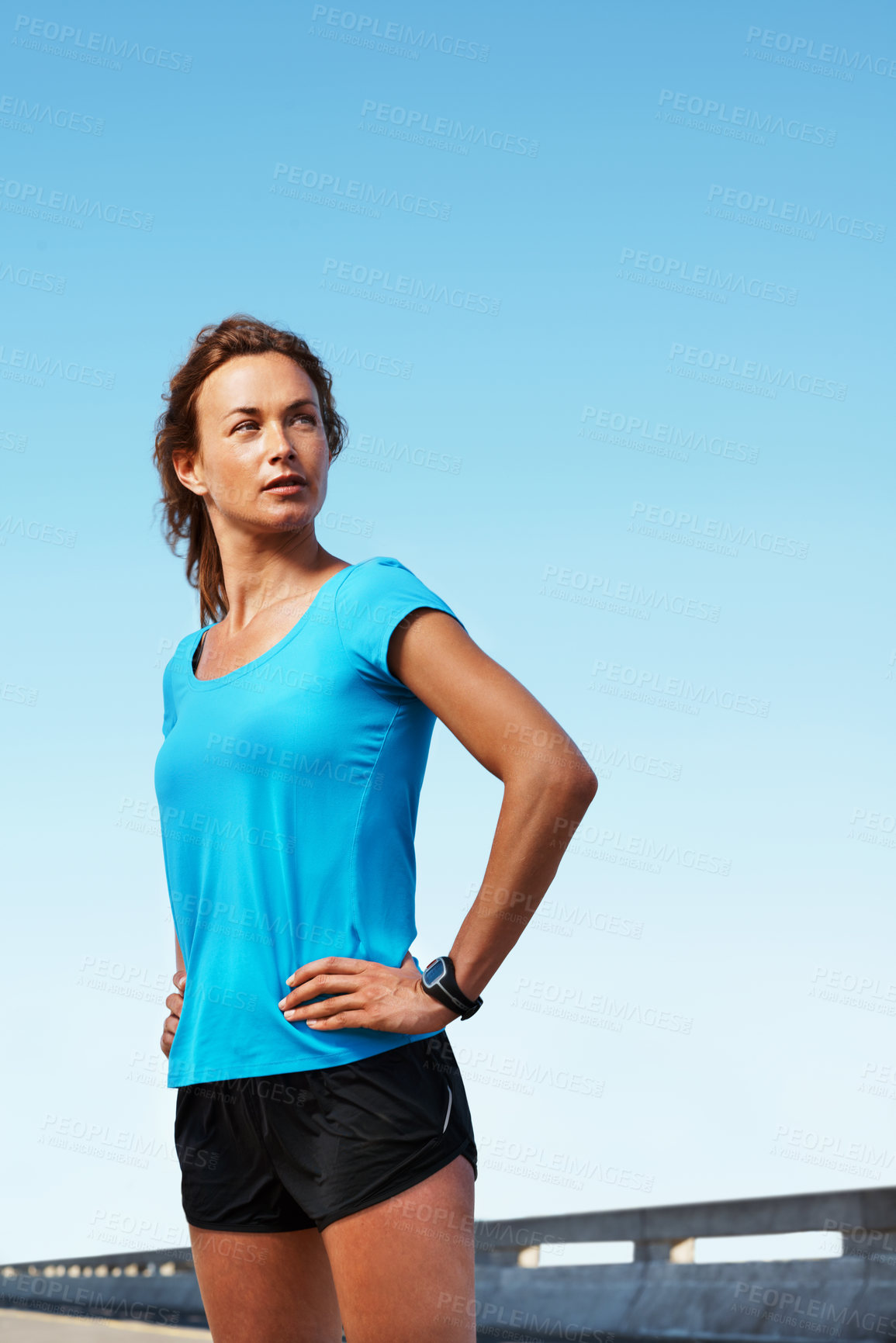 Buy stock photo Thinking, athlete and woman in city for fitness, exercise and inspiration for endurance training. Mockup space, female person or runner on bridge with vision, perspective and ideas for sports workout