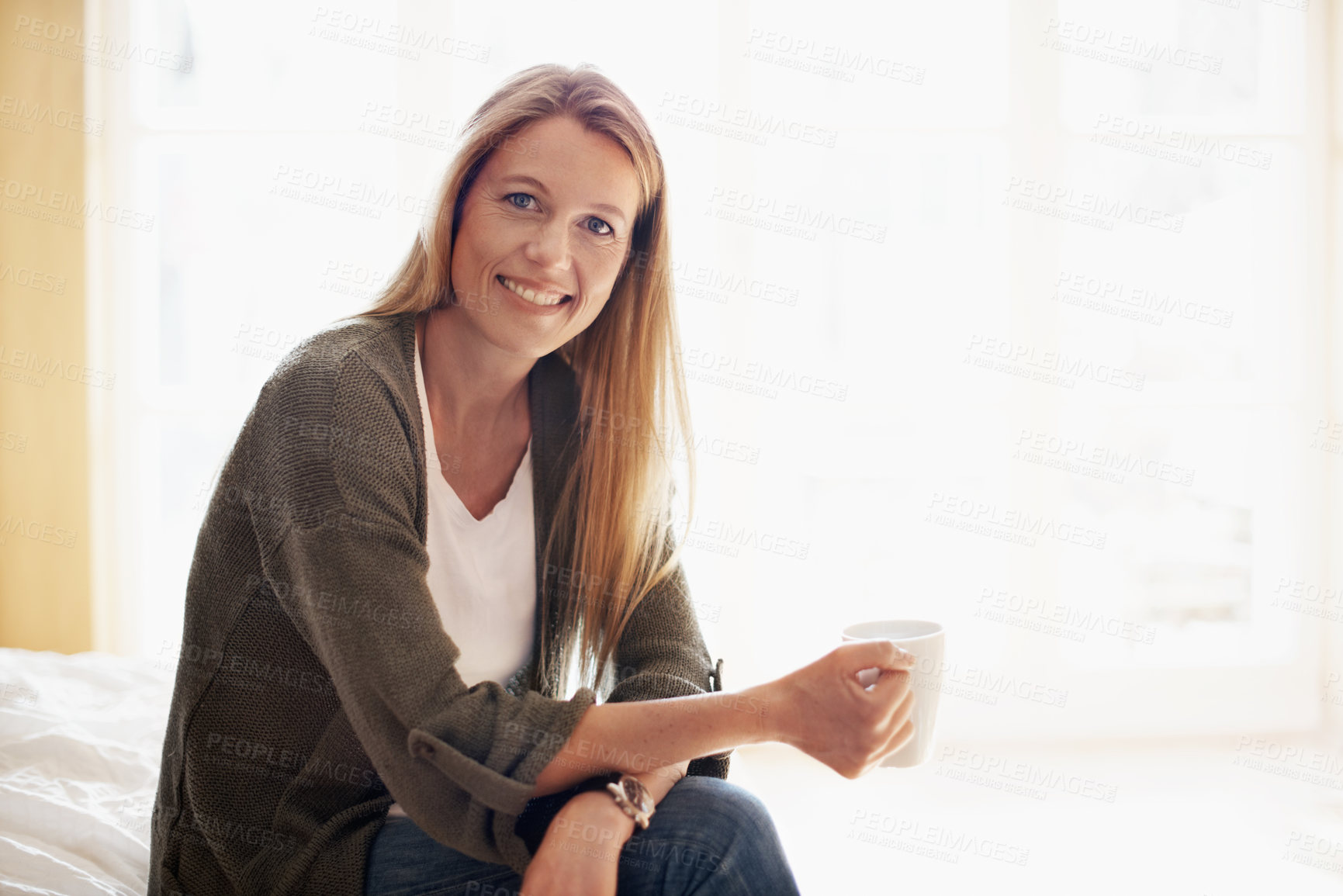 Buy stock photo Portrait, coffee and woman in home with smile, positive attitude and relax on calm weekend break. Happy, female person and chill by space with warm beverage, optimism and good mood for wellness