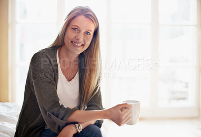 Buy stock photo A beautiful woman drinking coffee in her bedroom with copyspace