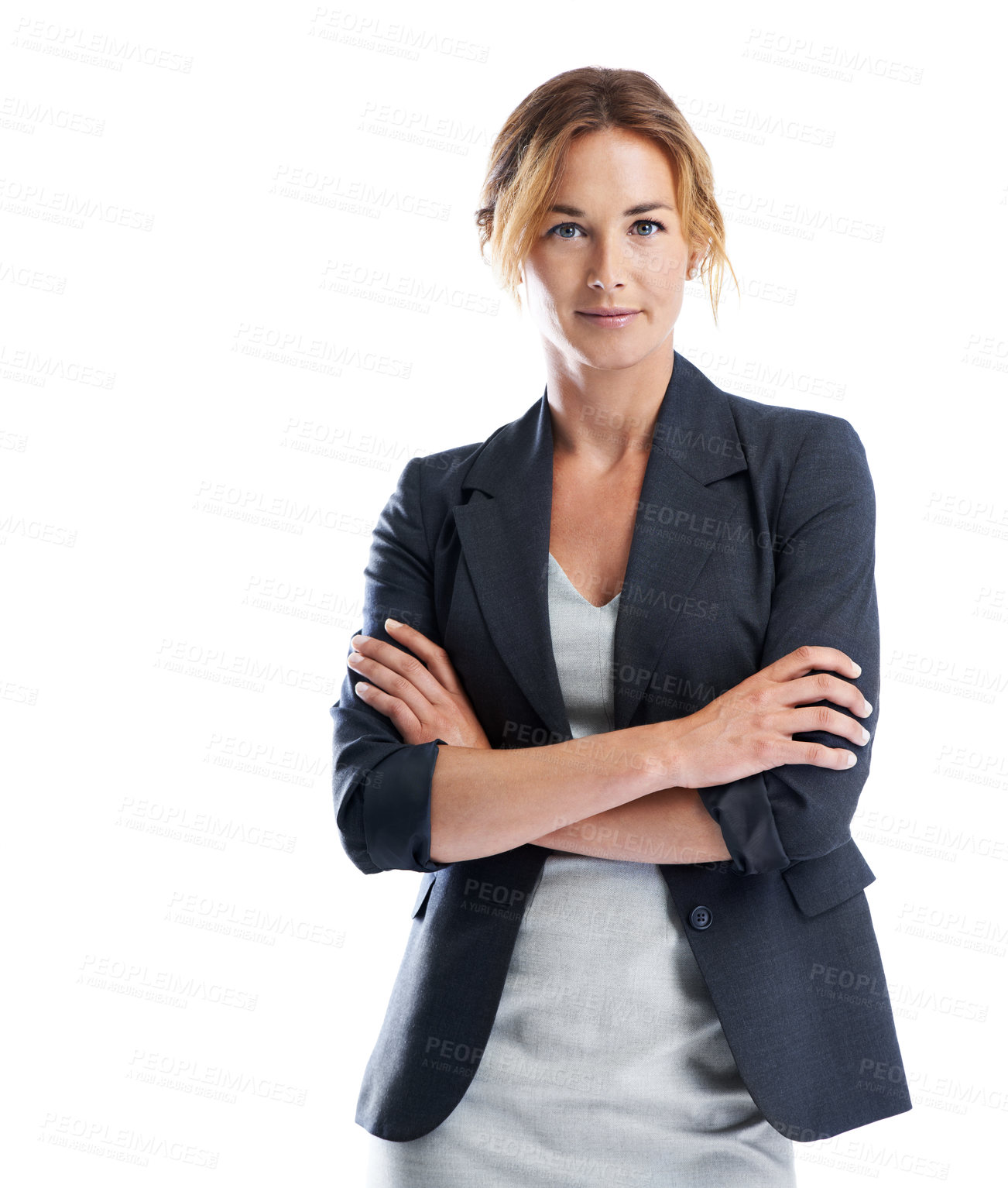 Buy stock photo Business, finance and risk management with confident woman in studio for investing or trading. Arms crossed, corporate and portrait of financial advisor on white background space for accounting