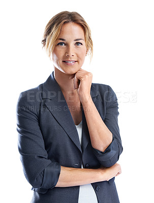 Buy stock photo Portrait of a smiling businesswoman with her hand on her chin while isolated on white