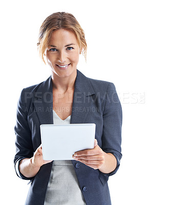 Buy stock photo Cropped shot of a smiling businesswoman using a digital tablet while isolated on white