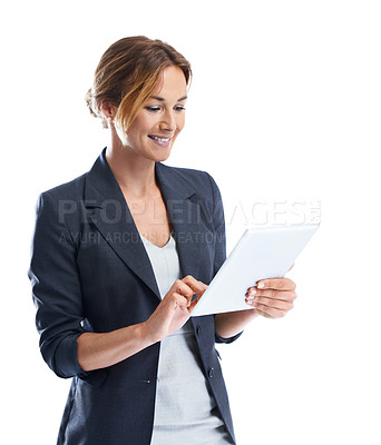 Buy stock photo Cropped shot of a smiling businesswoman using a digital tablet while isolated on white