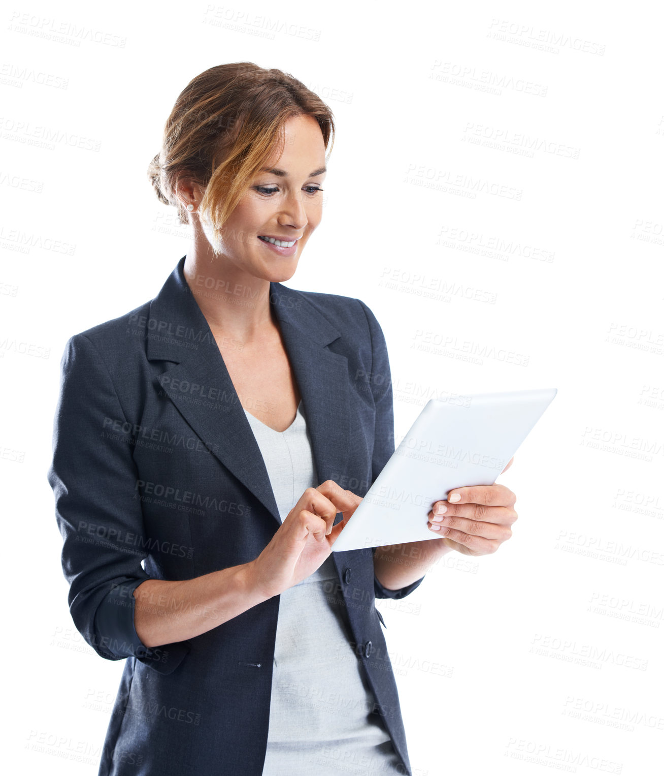 Buy stock photo Scroll, tablet and happy with business woman in studio for research, property listing and reading. Viewing schedule, virtual real estate tour and update with person and tech on white background